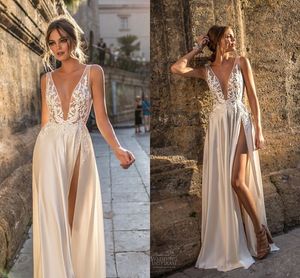 2020 Berta Sexy Beach Bohemian Lace Applique Wedding Dresses Deep V Neck High Side Split Backless Sweep Train Wedding Bridal Gowns Custom