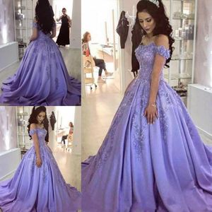 Lavender Prom 2020 Dresses Lace Applique Off The Shoulder Beaded Satin Custom Made Evening Gowns Celebrity Formal Ocn Wear