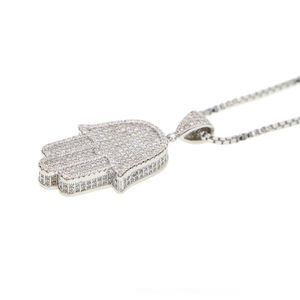 Partihandel - Högkvalitativ Hip Hop Bling Box Chain Kvinnor Män Par Guld Silver Färg Iced Ut Hamsa Hand Hänge Halsband med CZ