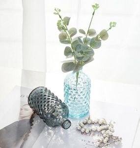 Boca fina vaso de vidro transparente flor seca boca pequena boca estreita longo pescoço Europeu longo parágrafo rodada cor azul vaso decoração