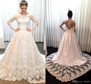 2019 Plus -storlek Full Lace Bateau Neck Tiered Tulle långa ärmar Sop Train Wedding Dress Brudklänningar Vestidos de Novia