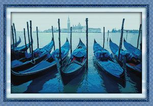 Venedig Båtar Seaside Scenery Home Decor Painting, Handgjorda Kors Stitch Broderi Needlework Set Rotted Print på duk DMC 14ct / 11ct