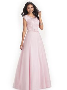 Pink Long A-line Modest Prom Dresses With Cap Sleeves Jewel Neck Lace Top Tulle Satin Skirt Floor Length Formal Modest Prom Gowns Custom