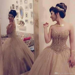 Arabic Golden Sweetheart Lace Quinceanera Dresses Tulle Lace Applique Beaded Ball Gowns Floor Length Prom Party Princess Dresses BA3711