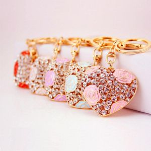 Enamel Rose Цветок Ключ Кольцо Кристалл Горный Хрусталь Любовь Сердце Металлическая Подвеска Авто Брелок Сумка Сумки Обавер застежка Клавиши 40 * 46 мм