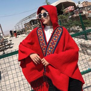 New Hooded Print Patchwork Shawl Female Thick Warm Solid Color Tassel Cloak Dual-use Scarf For Women