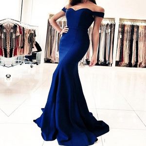Custom Made Navy Blue Satin Mermaid Long Prom Dresses Elegant Off The Shoulder Bow Sash Simple Sweep Train Formal Evening Gowns