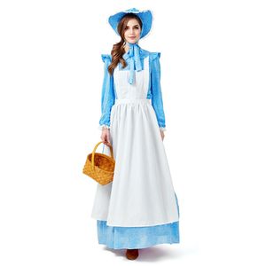 Gökyüzü Mavi Fantezi Elbise Kadın Hizmetçi Cadılar Bayramı Kostüm Pastoral Tarzı Çiftlik Uzun Elbise California Pioneer Cosplay Giyim Artı Boyutu