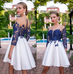 Lace Short Homecoming Dresses 2020 Sheer Long Sleeves Satin Ruched A Line Appliques Formal Prom Party Dresses With Buttons