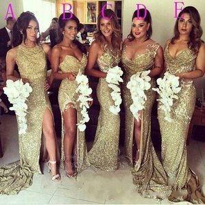 Gold Sequined Bridesmaid Five Styles High Split Evening Dresses Mermaid Sexy Open Back Sweep Train Maid Of Honor Gowns