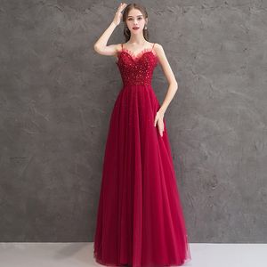 Stunning Dark Red Evening Dresses Spaghetti Backless Floor Length Pleast Tulle with Sequins Beads Long Prom Dress