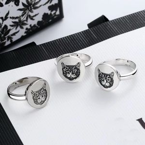 Europe America Hot Sale Retro Lady Women Brass Silver Plated Engraved Cat Head G Letter Round Disk Rings Size6-8