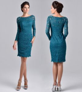 Mother of the Bride Suits Knee Length Teal Blue Lace Mother Dresses With Long Sleeve Scoop Sheath Moms Formal Party Wear