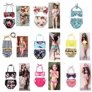 Baby Swimwear Girls Ins Swimsuit Fashion Striped Flower Swim Suits Tops Shorts Headband Bathing Suits Summer Ethnic Bikini 33 Styles EZYQ588