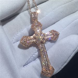Luxury Big Cross Pendants 5A Cz Rose Gold Filled 925 silver Party Wedding Pendant with Necklaces for Women Men jewelry