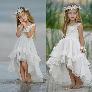 High Beach Ucuz Düşük Bohem Dantel Bir Çizgi Çiçek Kız Elbiseleri Düğünler için Pageant Elbise Boho Çocuklar Balo İlk Kutsal Komünyon Elbise