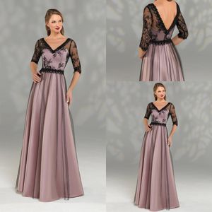 Elegantes A-Linien-Mutterkleid mit V-Ausschnitt, 3/4-Ärmel, Tüll, Spitze und Applikationen für die Brautmutter, bodenlanges, formelles Partykleid nach Maß