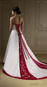 Vintage White und Red Emporidery Eine Linie Brautkleider mit Schatz bodenlange maßgeschneiderte Vestido de Novia billig290g