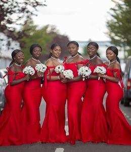 Красное африканское черное платье подружки невесты для девочек, сексуальное атласное платье русалки с открытыми плечами без рукавов длиной до пола, большие размеры для свадьбы 220N