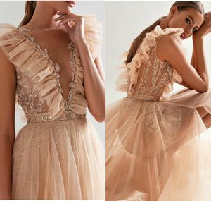 Sexy Evening Dresses High-neck Sheer Sleeveless Ruffle Applique Sequins Beaded Party Wear Tulle Cheap Custom Made Formal Women Gown Hot Sell