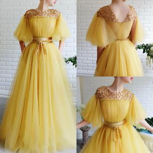 2020 Yellow Evening Dresses Jewel Neck A Line Lace Beaded Floor Length Fairy Prom Dress Tulle Evening Party Wear248z