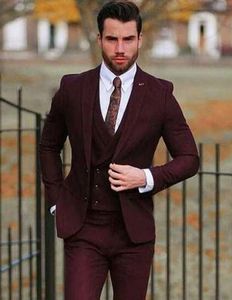 Fashion Burgundy Groom Tuxedos Peak Lapel Groomsmen Mens Wedding Dress Excellent Man Jacket Blazer 3Piece Suit(Jacket+Pants+Vest+Tie) 1809