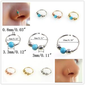 Retro Round Beads Nose Ring Stud Ear Nostril Hoop Body Rose Gold Silver Piercing Jewelry 6mm 8mm 10mm