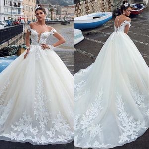 Vintage Arabic Long Sleeves Off Shoulder Wedding Dresses Lace Appliques Beaded Organza Plus Size Formal Bridal Gowns