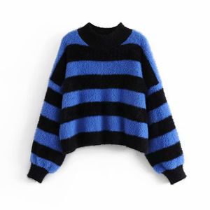 Kobiety w paski Sweter Women Grube, ciepłe dzianiny pullover damskie duże eleganckie niebieskie dzianiny koreańsko-japońskie ubrania