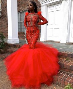 Sexy Red Mermaid Prom Dresses 2020 Z Długim Rękawem Cekiny Aplikacja Afryki Czarne Dziewczyny Suknie Party Party Suknie