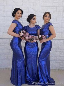 Elegant Blue Sequined Mermaid Bridesmaids Dresses Cap Sleeves Backless Bling bling Sequins Ruched Long Maid of Honor Gowns Plus Size