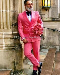 Popular Double-Breasted Hot Pink Groom Tuxedos Peak Lapel Groomsmen Mens Suits Wedding/Prom/Dinner Blazer (Jacket+Pants+Tie) K309