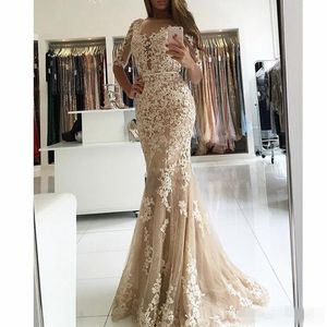 2020 Newest Champagne Mermaid Evening Dresses with 1/2 Half Sleeves Lace Applique Sweep Train Backless Plus Size Prom Party Gowns