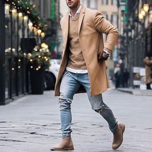 Fashion Trend Autumn Winter Mens Fleece Blends Jacket Male Overcoat Casual Solid Slim Collar Coats Long Cotton Trench Coat Streetwear