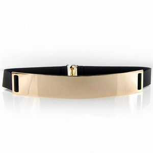 Fashion Beige Women's Waist Belts Band Elastic Mirror Metal Leather Metallic Bling Gold Plate Obi Accessory