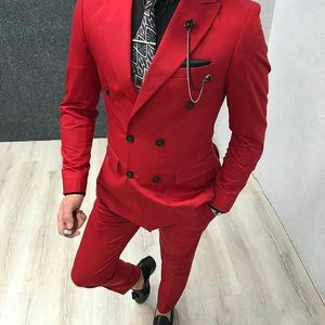 Klasyczny dwurzędowy Red Groom Tuxedos Peak Lapel Mężczyźni Garnitury 2 Sztuki Wedding / Prom / Dinner Blazer (Kurtka + Spodnie + Krawat) W904