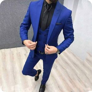 Handsome One Button Royal Blue Groom Tuxedos Peak Bavero Uomo Abiti 3 pezzi Matrimonio / PROM / Dinner Blazer (Giacca + Pantaloni + Vest + Tie) W616