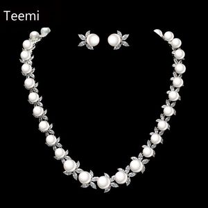 LUOTEEMI Brand New Elegant Cubic Zircon and Imitation Pearl Choker Necklace Earrings Set for Luxury Bridal Wedding Jewelry Accessories