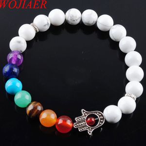 WOJIAER 8mm Natural White Turquoise Stone Round Beads Palm Strands Bracelets 7 Chakra Healing Mala Meditation Prayer Yoga Women Jewelry K3257