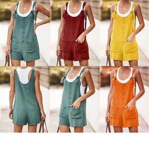 Flickor Overarier Sommar Jumpsuit Koreansk stil U Nack Ärmlös Casual Bomull och Linne Pocket Suspender Byxor Sport Jumpsuits Fashion