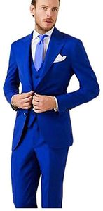 Helt nya två knappar Royal Blue Wedding Groom Tuxedos Peak Lapel Groomsmen Män Passar Prom Blazer (Jacka + Byxor + Vest + Tie) No: 2097