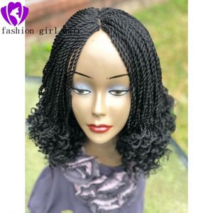 14 inç Siyah Örgülü Kinky Twist Peruk Siyah kadınlar için el yapımı kısa örgülü peruk. Mikro bükülme tam dantel ön peruk doğal saç çizgisi