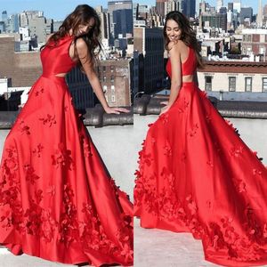2019 Red Satin A Line Long Prom Dresses with 3D-Floral Appliques Cutaway Sides Sexy Evening Party Gowns257E