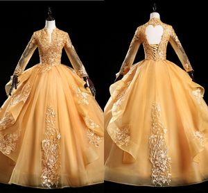 Gold Wedding Dresses Long Sleeve Floral Lace Applique Beaded Ruffle Tulle Ball Gown Bridal Party Dress Vestidos De Novia Vintage Bride Dress