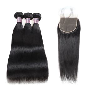 Ishow långa mänskliga hårbuntar 8-38 tum med 5x5 spets stängning raka peruanska jungfruförlängningar för kvinnor naturliga svarta
