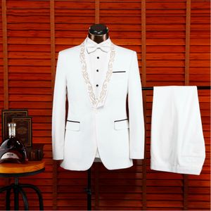 Белые мужчины свадьба смокинг вышивка шаль отворота мужской костюм Slim Fit Format Formal Groom PROM ужин досуг Blazer (куртка + брюки)