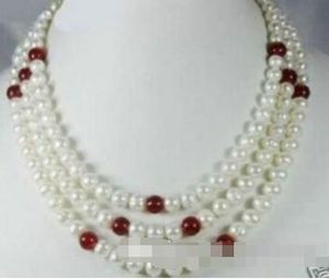 - Spedizione gratuita Vendita calda nuovo stile 3 file 7-8mm bianco perla d'acqua dolce collana di pietra rossa 17-19 ''