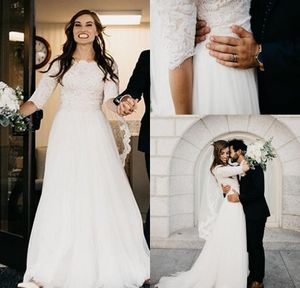 A-line Ivory Lace Modest Wedding 2020 with 1/2 Boat Neck Short Sleeves Informal Dresses Boho Country Bridal Gowns