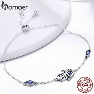 Wholesale- Silver Lucky Hamsa Fatima Hand Chain Link Bracelets for Women Blue Crystal Silver Jewelry Gift Making