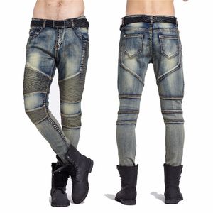 Moda męska Skinny Jeans Mężczyźni Runway Trudno Slim Elastyczne Dżinsy Denim Rowerzysta Jeans Hip Hop Spodnie Umyte Plised Jean Blue